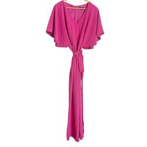 Marina Hot Pink Belted Tie Waist Kimono Short Sleeve V-Neck Jumpsuit Size M